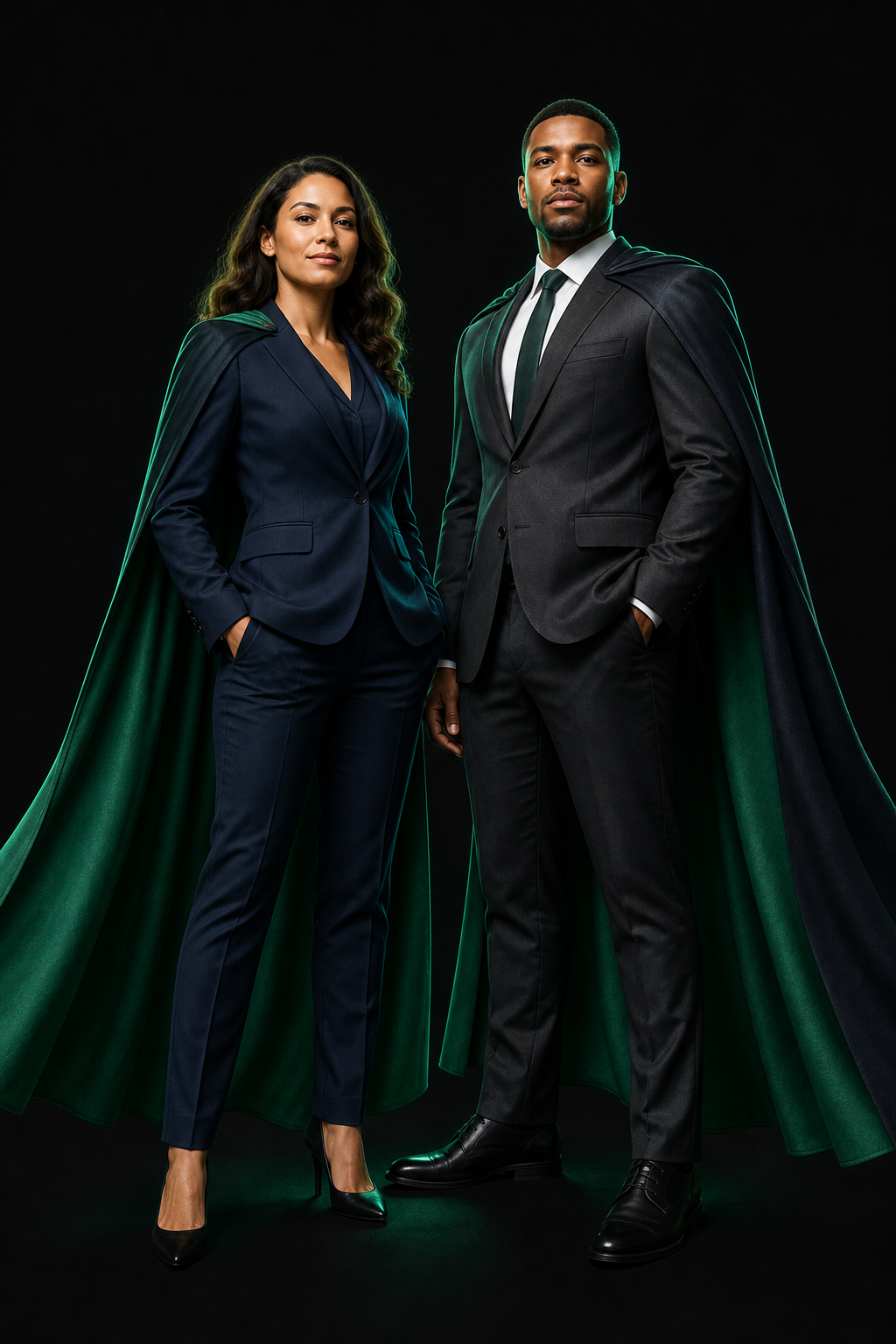 A man and a woman in capes, standing ready. The brokers, not the tool.
