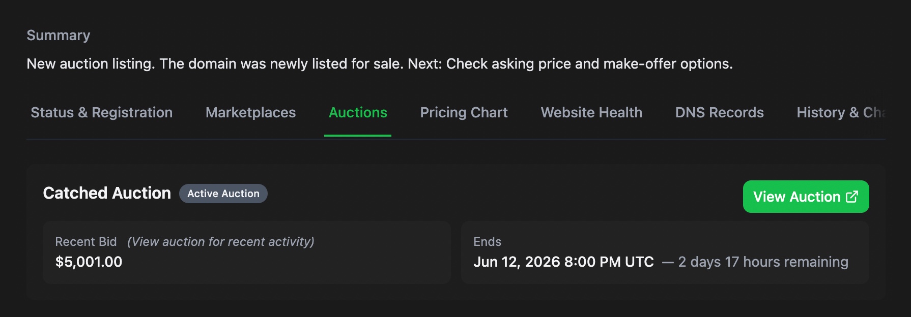Catched Auction listing on the Notify.domains dashboard Auctions tab with bid and end time
