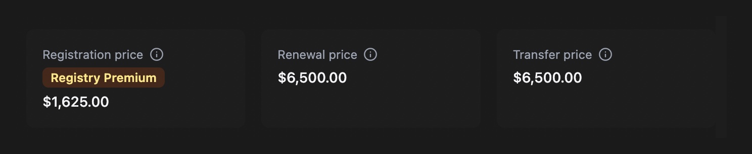 Registration, renewal, and transfer pricing for back.space showing Registry Premium and a $6,500 renewal price.