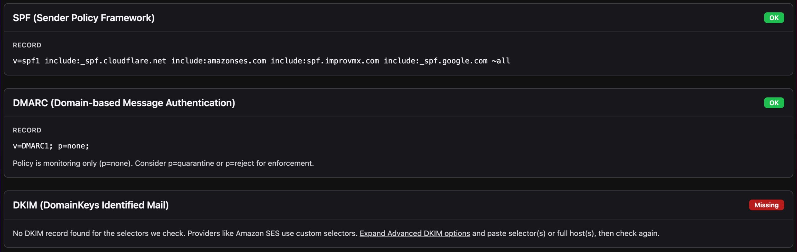 SPF, DKIM & DMARC Results for Notify.domains