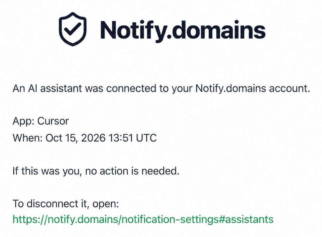 Email confirming an AI assistant was connected to a Notify.domains account