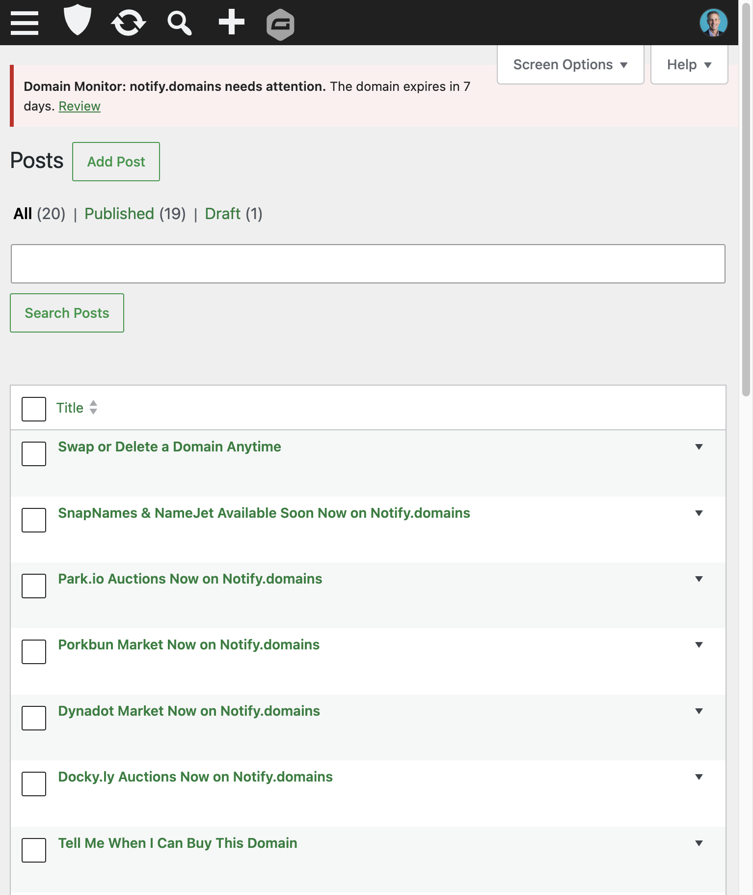 Red Domain Monitor notice at the top of the WordPress Posts screen saying the domain needs attention because it expires in 7 days, with a Review link