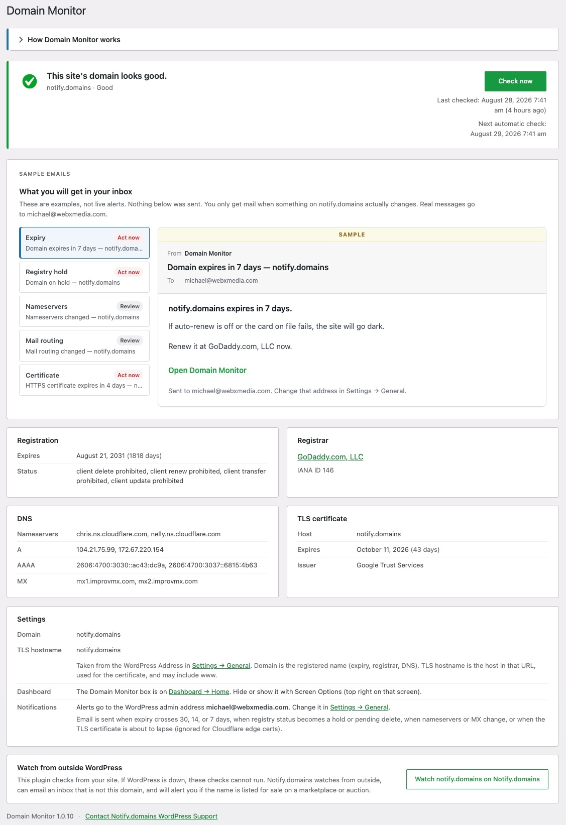 Settings Domain Monitor screen with a good status banner, sample expiry email preview, and cards for registration, pointing, and the https certificate