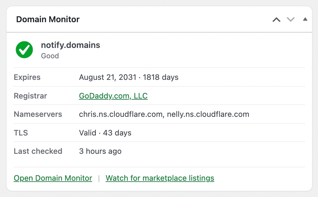 Domain Monitor widget on WordPress Dashboard Home showing notify.domains as Good, with days until renewal, the company the domain was bought from, where it points, and https status