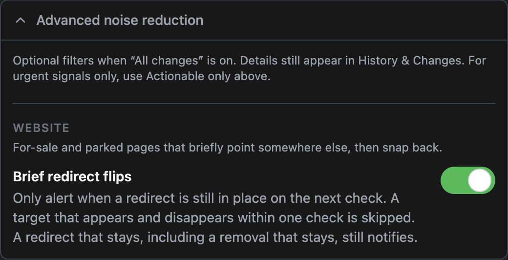 Advanced noise reduction on Notification Settings, with Brief redirect flips turned on under Website.